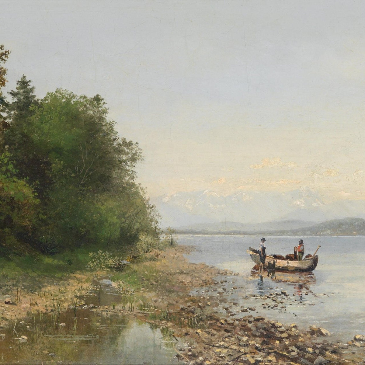 Quiet Lakeshore with Fishermen – Hand - Painted Landscape Oil Painting - Oil Painting Haven