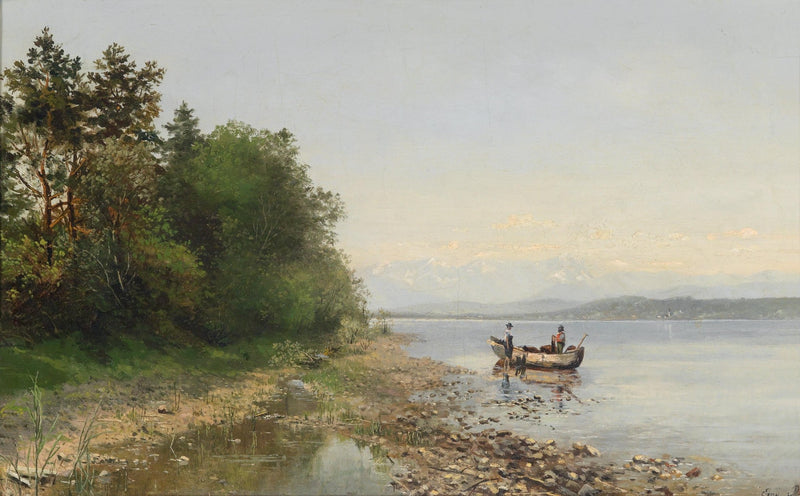 Quiet Lakeshore with Fishermen – Hand - Painted Landscape Oil Painting - Oil Painting Haven