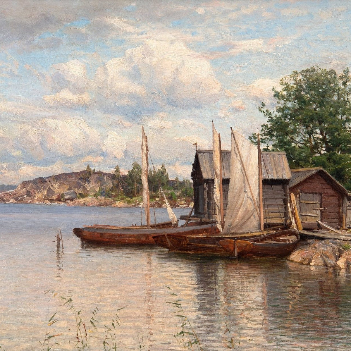 Quiet Lakeside Boats, Wooden Cabins – Hand - Painted Landscape Oil Painting - Oil Painting Haven