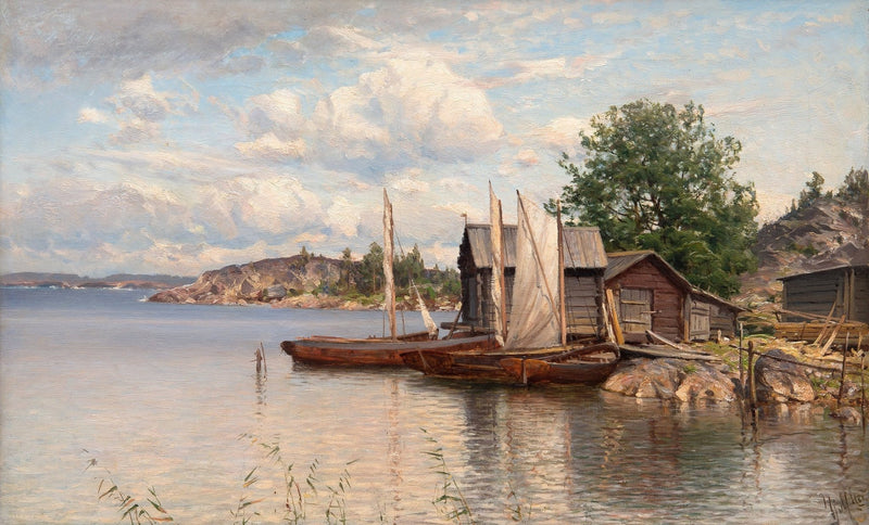 Quiet Lakeside Boats, Wooden Cabins – Hand - Painted Landscape Oil Painting - Oil Painting Haven
