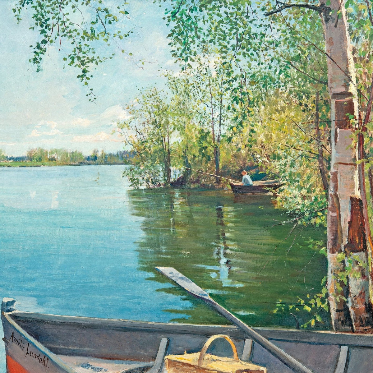 Quiet Lakeside, Rowboat, Birch Trees – Landscape Oil Painting - Oil Painting Haven