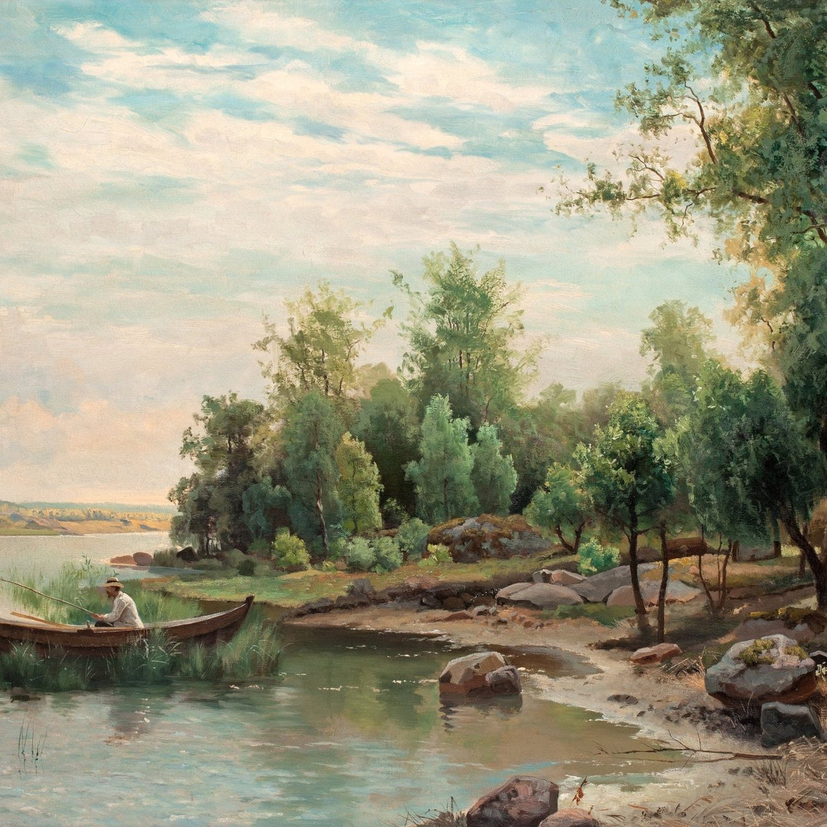 Quiet Lakeside with Rowboat and Trees – Landscape Oil Painting - Oil Painting Haven