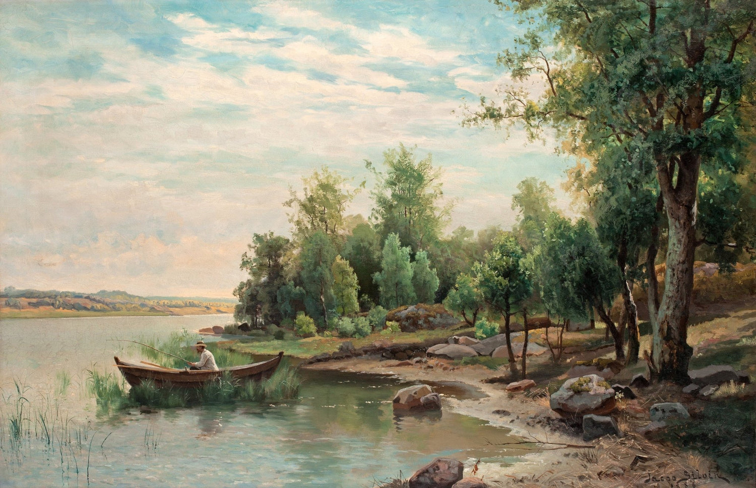 Quiet Lakeside with Rowboat and Trees – Landscape Oil Painting - Oil Painting Haven