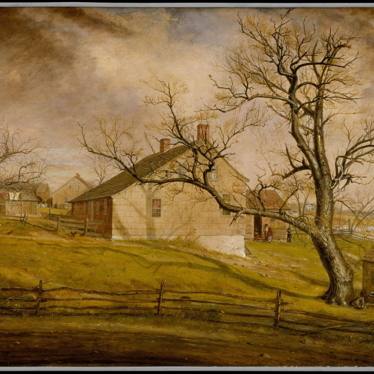 Quiet Long Island Farmhouse and Bare Trees - Landscape Oil Painting - Oil Painting Haven
