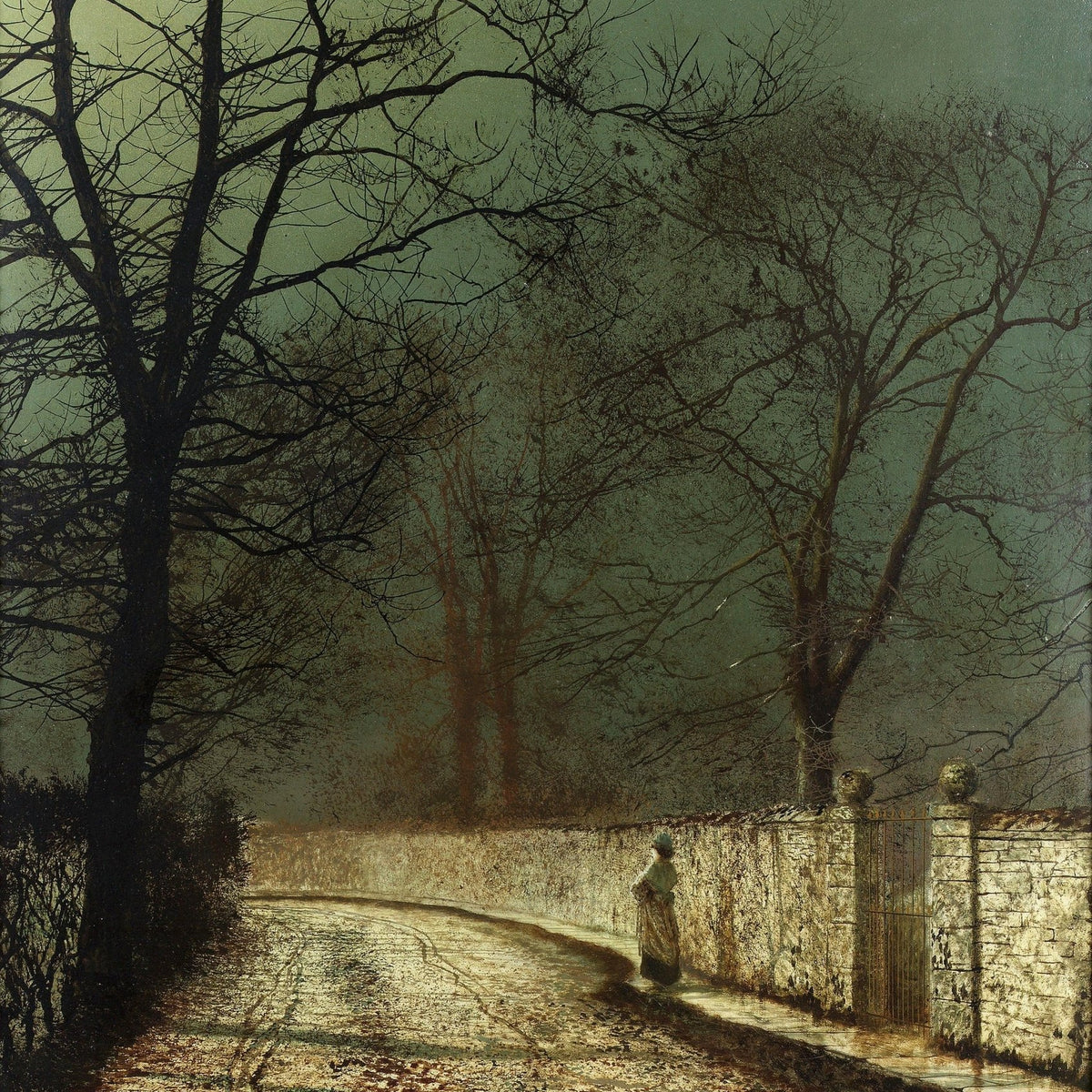 Hand-painted quiet moonlit country lane in autumn landscape oil painting on canvas