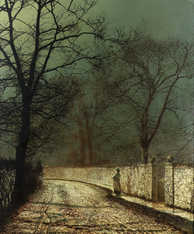 Hand-painted quiet moonlit country lane in autumn landscape oil painting on canvas