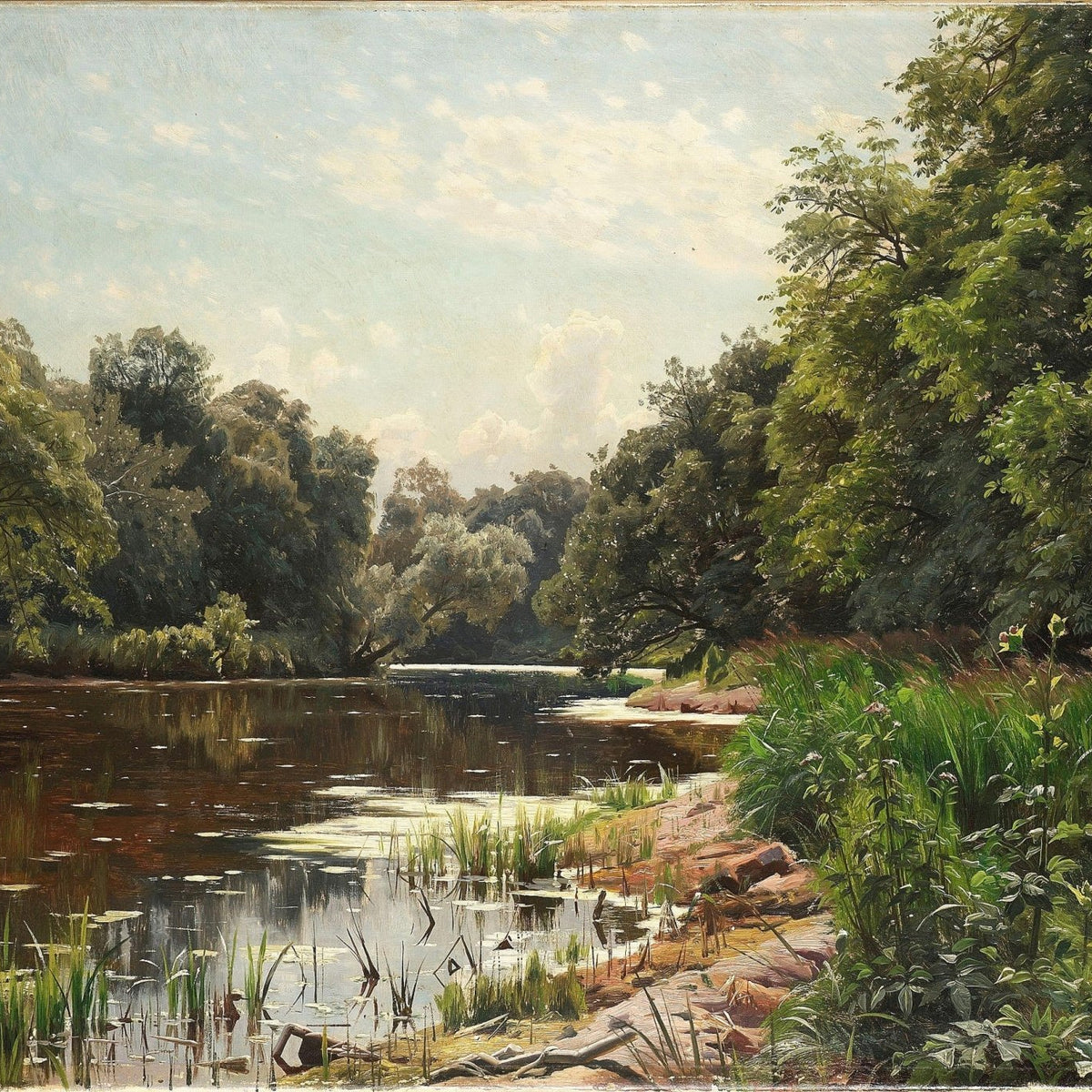 Quiet River Bend with Lush Trees – Landscape Oil Painting - Oil Painting Haven