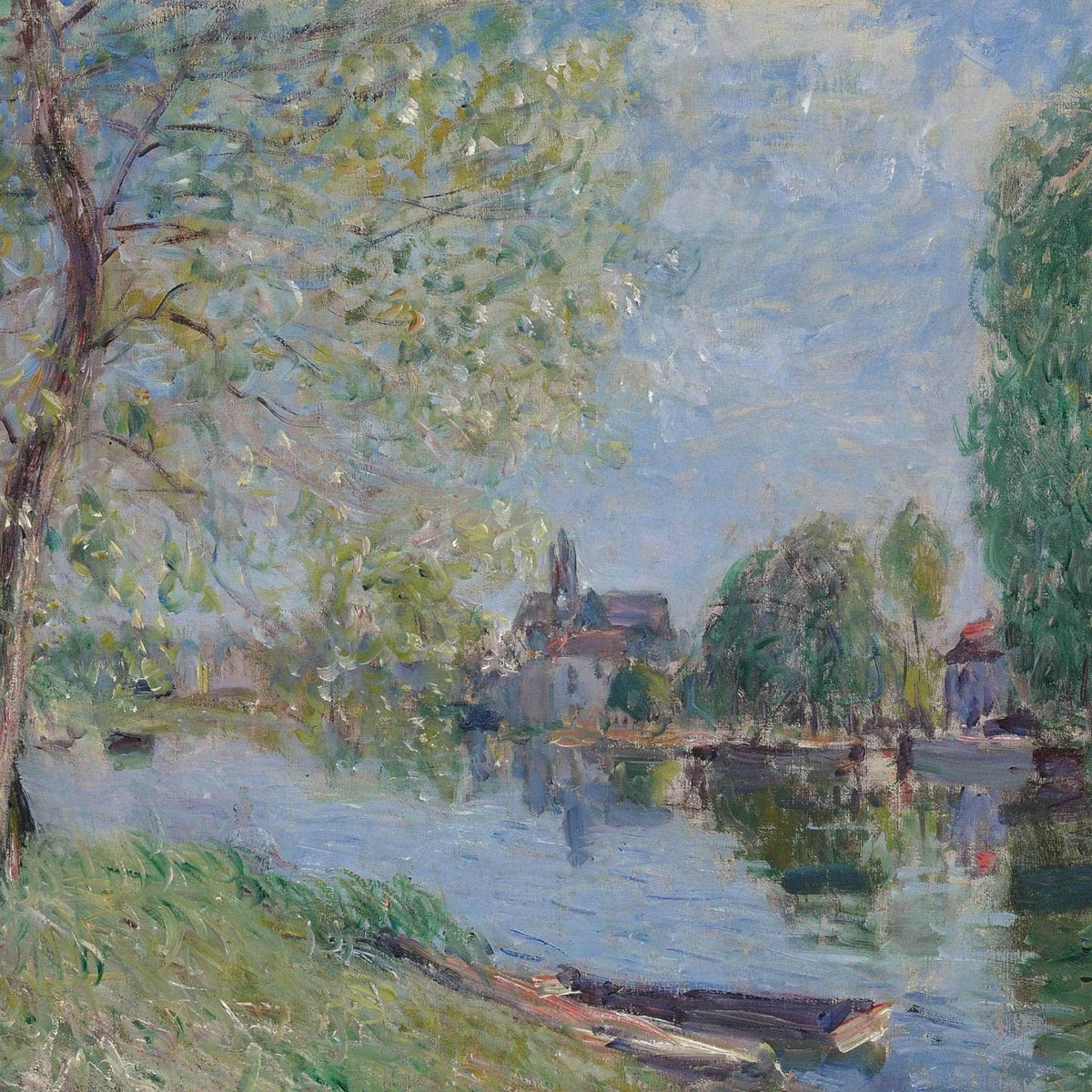 Quiet River with Trees and Village View - Landscape Oil Painting - Oil Painting Haven