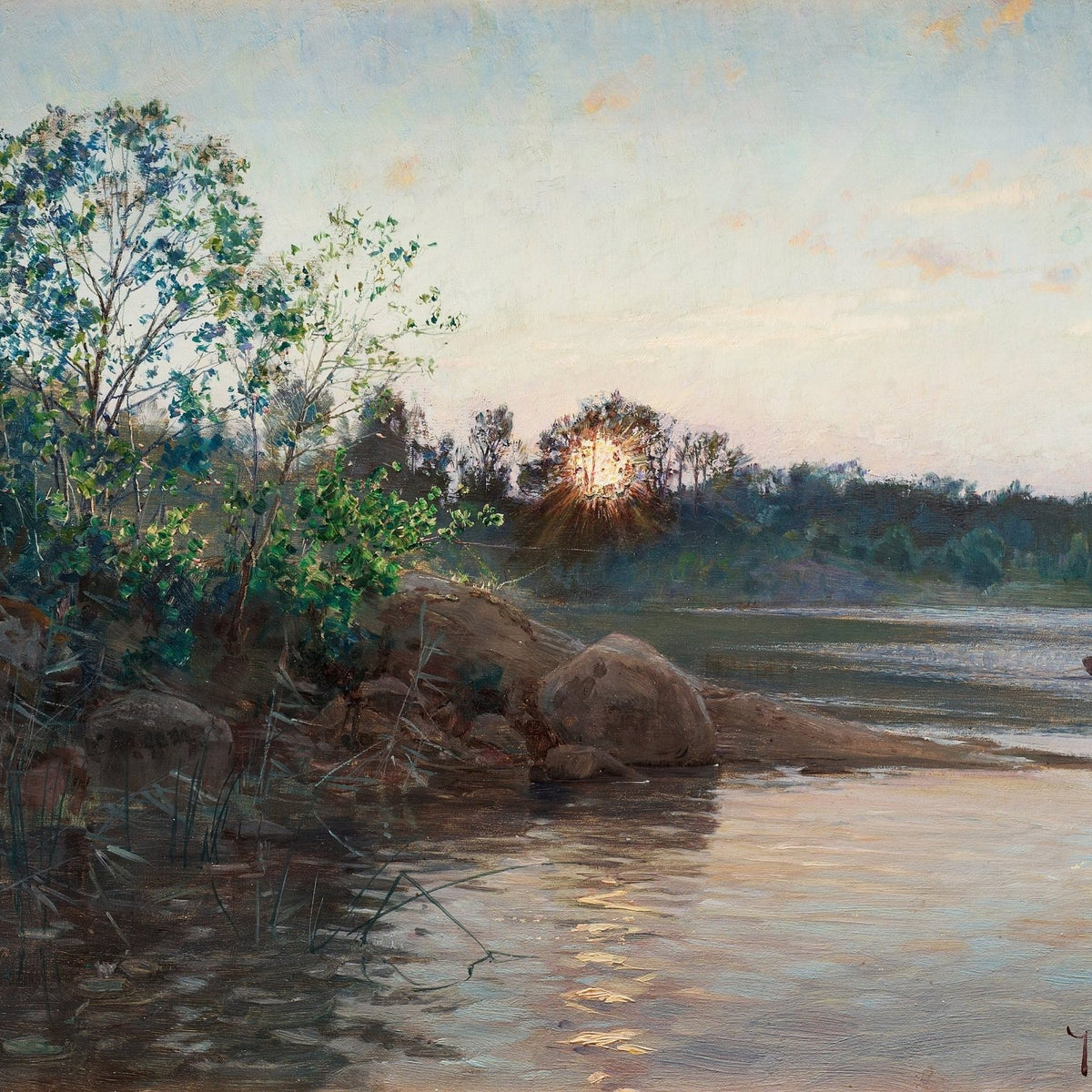 Quiet Riverbank at Sunset – Hand - Painted Landscape Oil Painting - Oil Painting Haven