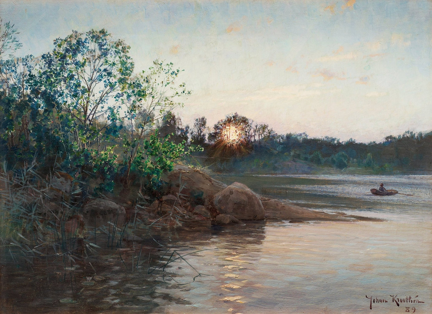 Quiet Riverbank at Sunset – Hand - Painted Landscape Oil Painting - Oil Painting Haven