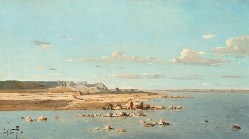 Hand-painted quiet riverbank with figures and distant cliffs landscape oil painting on canvas