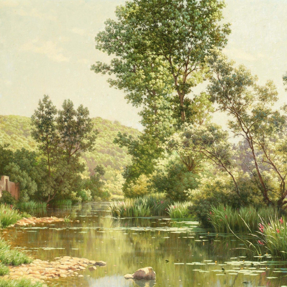 Quiet Riverbank with Trees and Reflections – Landscape Oil Painting - Oil Painting Haven