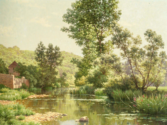 Quiet Riverbank with Trees and Reflections – Landscape Oil Painting - Oil Painting Haven