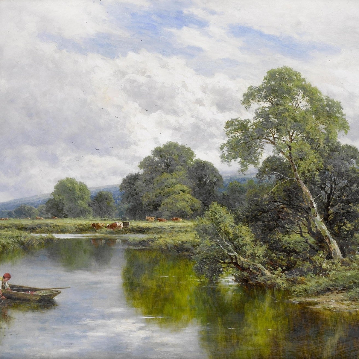 Quiet Riverside Meadow with Trees | Hand - Painted Landscape Oil Painting - Oil Painting Haven