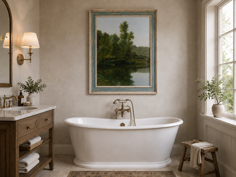 Hand-painted quiet riverside trees and reflections landscape oil painting displayed in a bathroom interior above a bathtub.