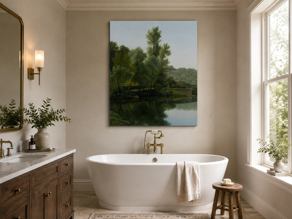 Hand-painted quiet riverside trees and reflections landscape oil painting displayed in a bathroom interior above a bathtub.