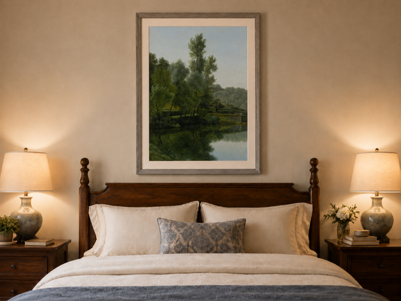 Hand-painted quiet riverside trees and reflections landscape oil painting displayed above a bed in a bedroom interior.