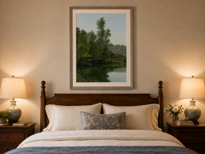 Hand-painted quiet riverside trees and reflections landscape oil painting displayed above a bed in a bedroom interior.