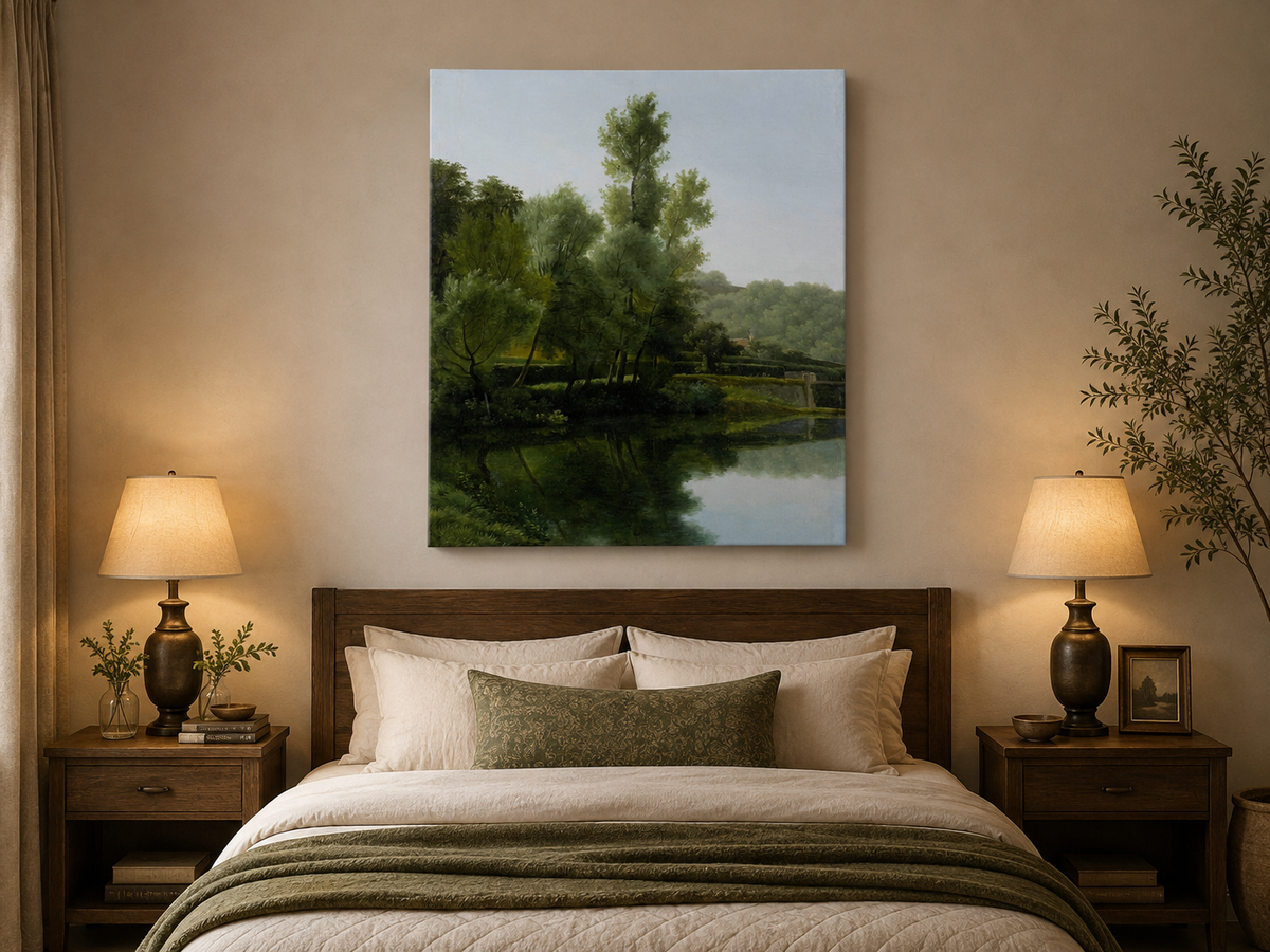 Hand-painted quiet riverside trees and reflections landscape oil painting displayed above a bed in a bedroom interior.