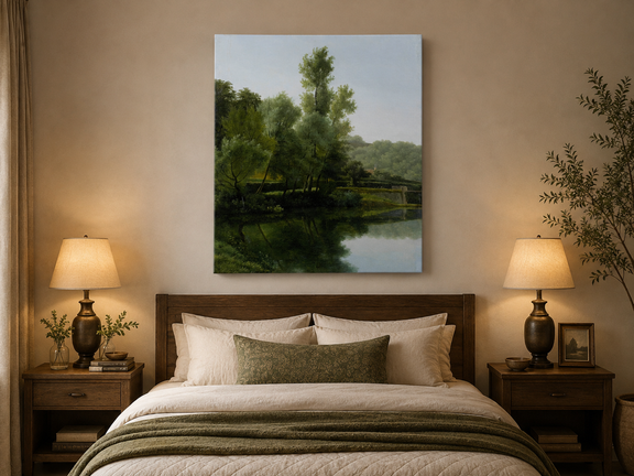 Hand-painted quiet riverside trees and reflections landscape oil painting displayed above a bed in a bedroom interior.