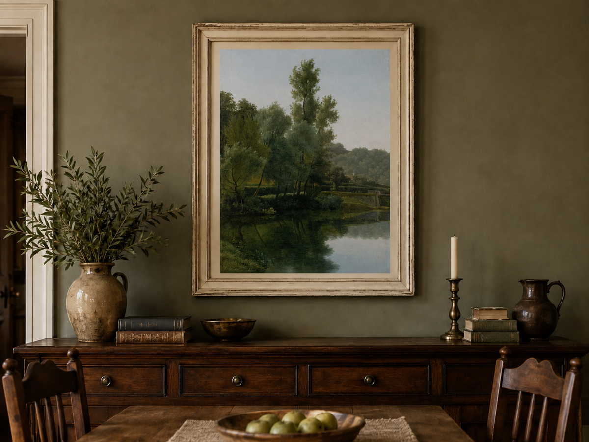 Hand-painted quiet riverside trees and reflections landscape oil painting displayed in a dining room interior.