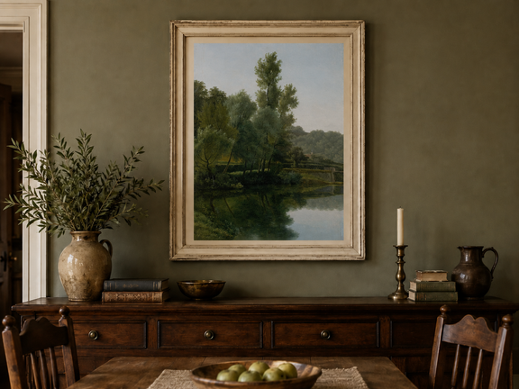 Hand-painted quiet riverside trees and reflections landscape oil painting displayed in a dining room interior.