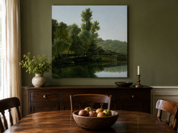 Hand-painted quiet riverside trees and reflections landscape oil painting displayed in a dining room interior.