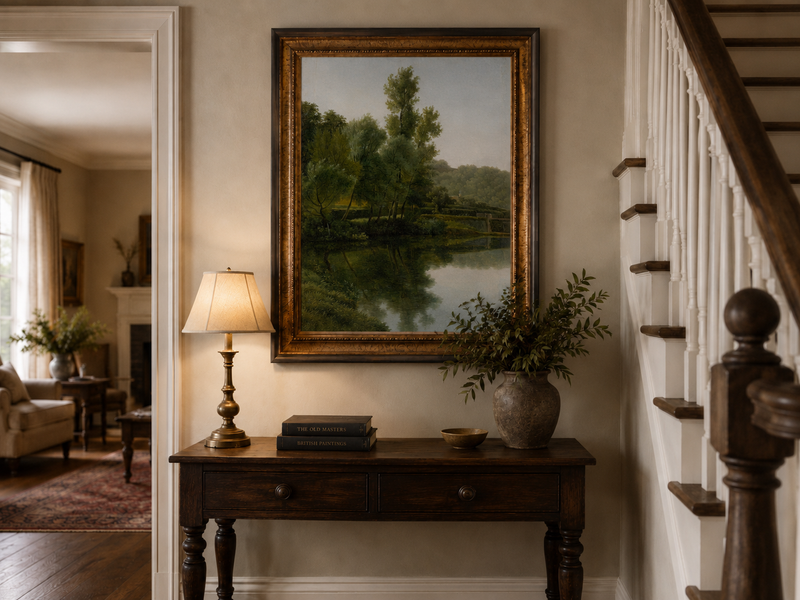 Hand-painted quiet riverside trees and reflections landscape oil painting displayed above a console table in a hallway interior.