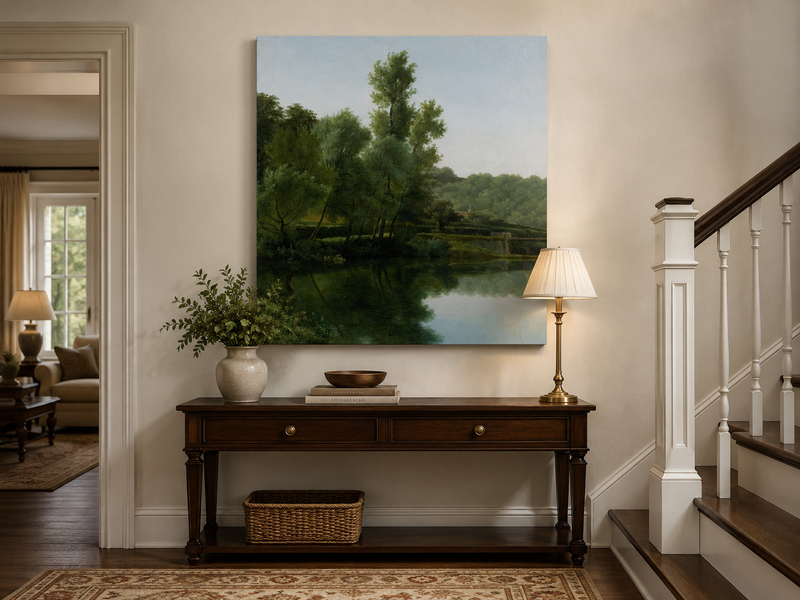 Hand-painted quiet riverside trees and reflections landscape oil painting displayed above a console table in a hallway interior.