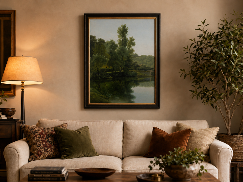 Hand-painted quiet riverside trees and reflections landscape oil painting displayed above a sofa in a living room interior.