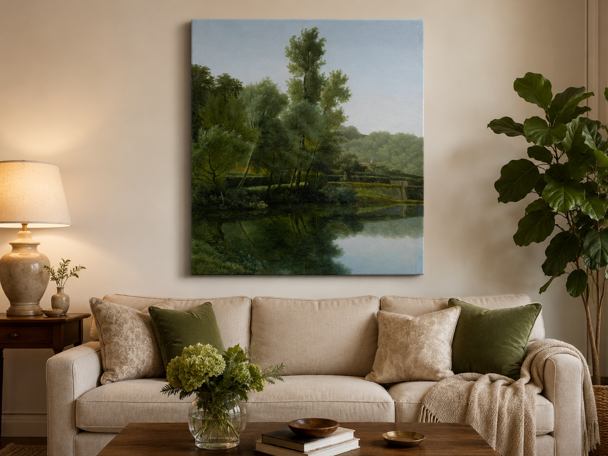 Hand-painted quiet riverside trees and reflections landscape oil painting displayed above a sofa in a living room interior.