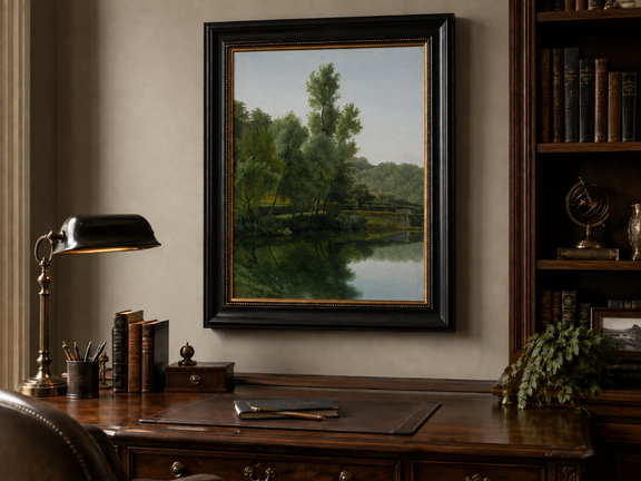 Hand-painted quiet riverside trees and reflections landscape oil painting displayed above a desk in a home office interior.