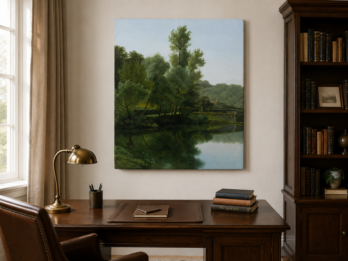Hand-painted quiet riverside trees and reflections landscape oil painting displayed above a desk in a home office interior.