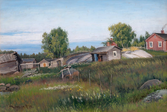 Quiet Rural Village with Wooden Cottages – Landscape Oil Painting - Oil Painting Haven
