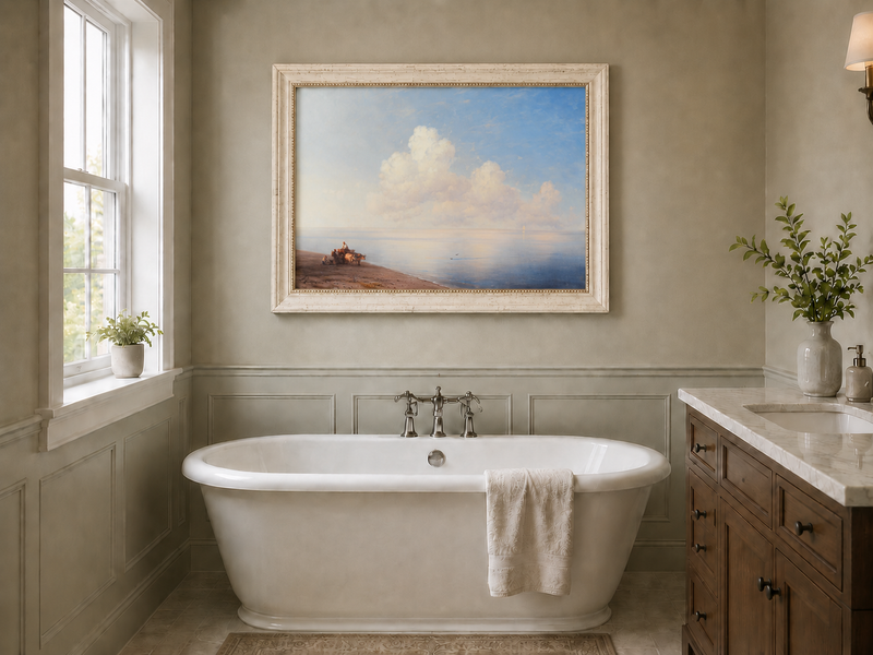 Hand-painted quiet seaside shore with ox cart landscape oil painting displayed in a bathroom interior above a bathtub.