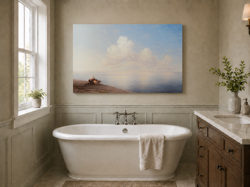 Hand-painted quiet seaside shore with ox cart landscape oil painting displayed in a bathroom interior above a bathtub.