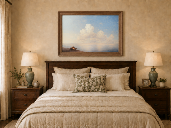 Hand-painted quiet seaside shore with ox cart landscape oil painting displayed above a bed in a bedroom interior.