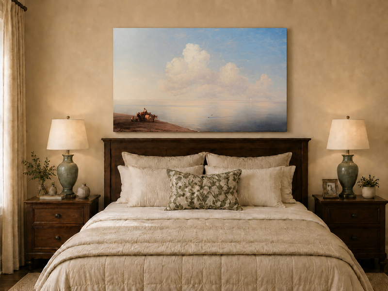 Hand-painted quiet seaside shore with ox cart landscape oil painting displayed above a bed in a bedroom interior.