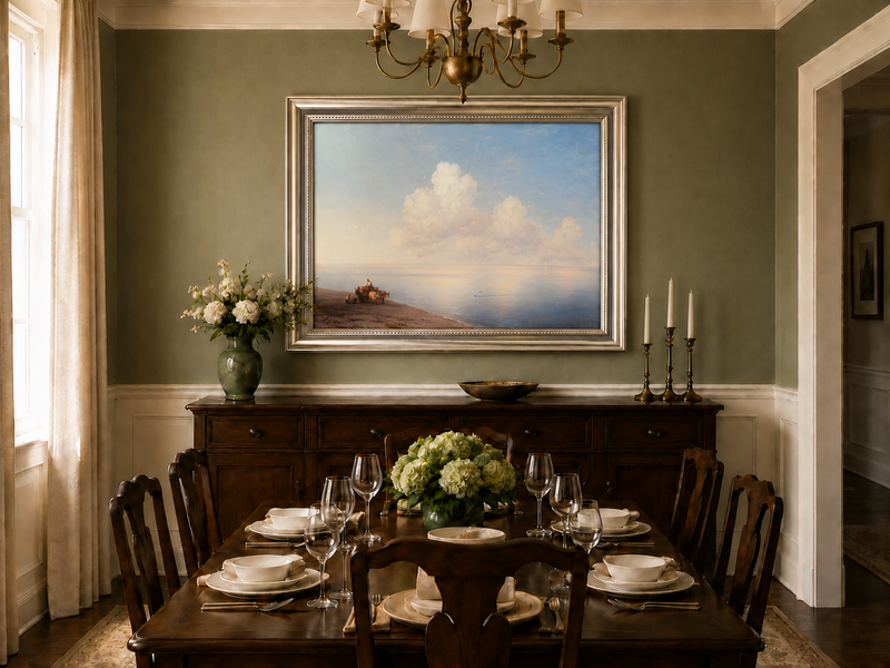 Hand-painted quiet seaside shore with ox cart landscape oil painting displayed in a dining room interior.