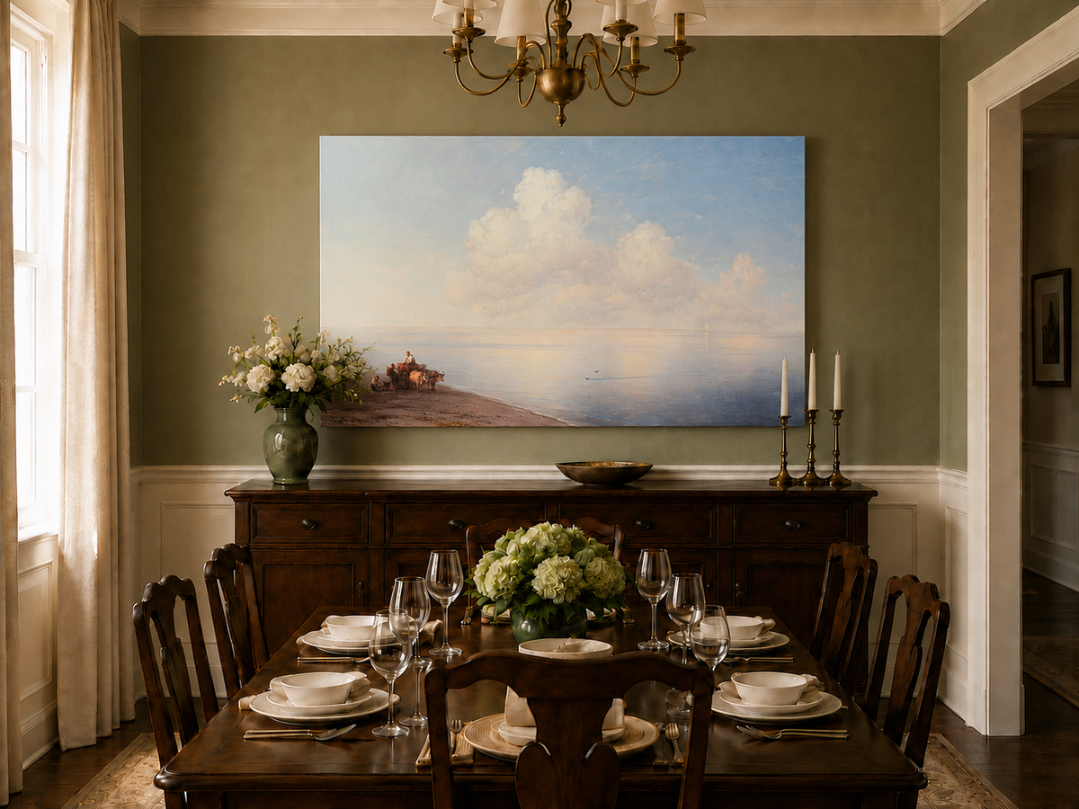 Hand-painted quiet seaside shore with ox cart landscape oil painting displayed in a dining room interior.