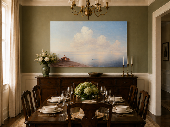 Hand-painted quiet seaside shore with ox cart landscape oil painting displayed in a dining room interior.