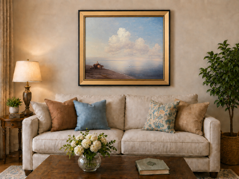 Hand-painted quiet seaside shore with ox cart landscape oil painting displayed above a sofa in a living room interior.
