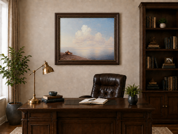 Hand-painted quiet seaside shore with ox cart landscape oil painting displayed above a desk in a home office interior.
