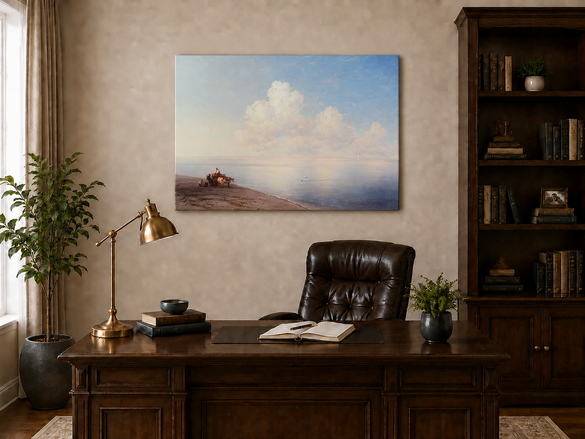 Hand-painted quiet seaside shore with ox cart landscape oil painting displayed above a desk in a home office interior.