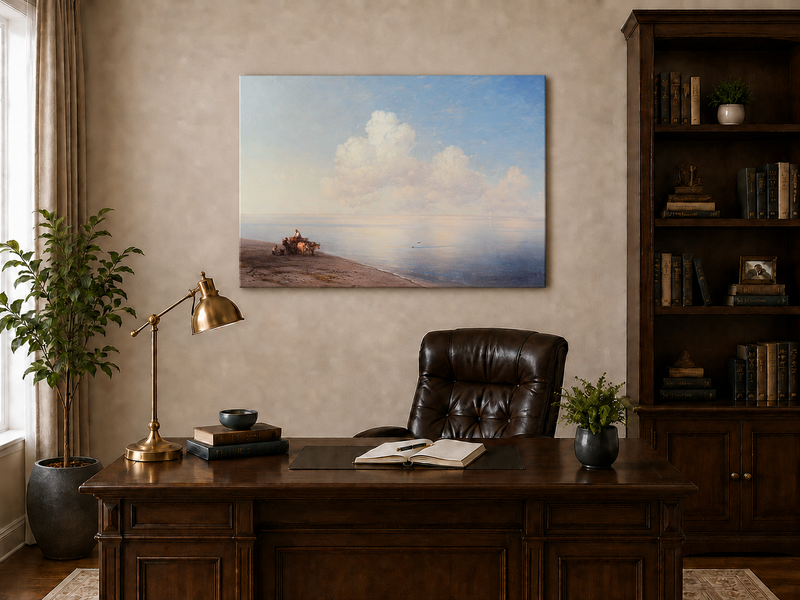 Hand-painted quiet seaside shore with ox cart landscape oil painting displayed above a desk in a home office interior.