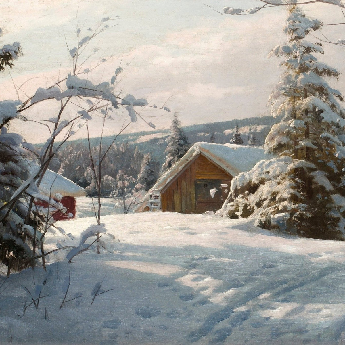Quiet Snowy Cabin, Winter Forest – Hand - Painted Landscape Oil Painting - Oil Painting Haven