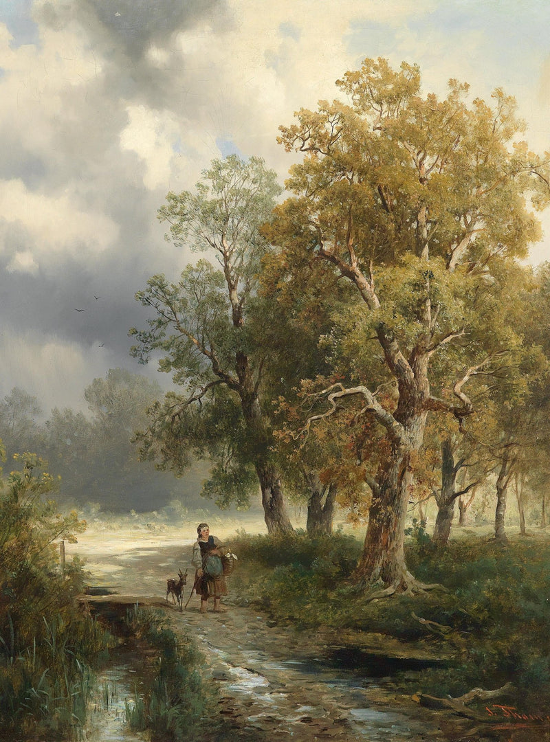 Quiet Woodland Path, Figures, River at Dusk – Landscape Oil Painting - Oil Painting Haven