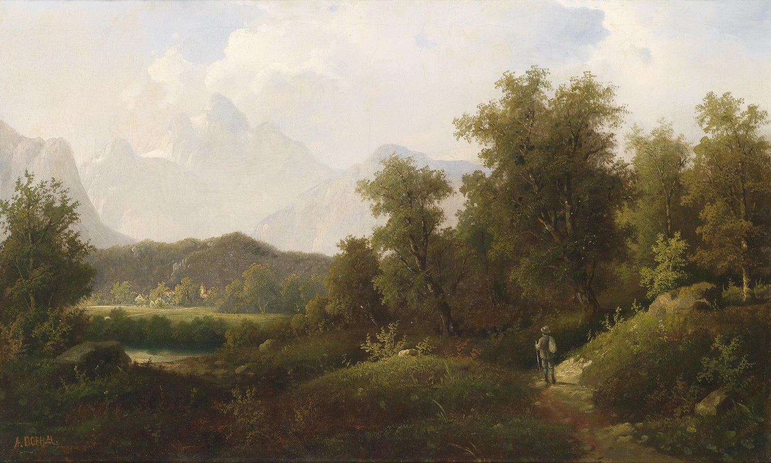 Quiet Woodland Path with Mountains | Hand - Painted Landscape Oil Painting - Oil Painting Haven