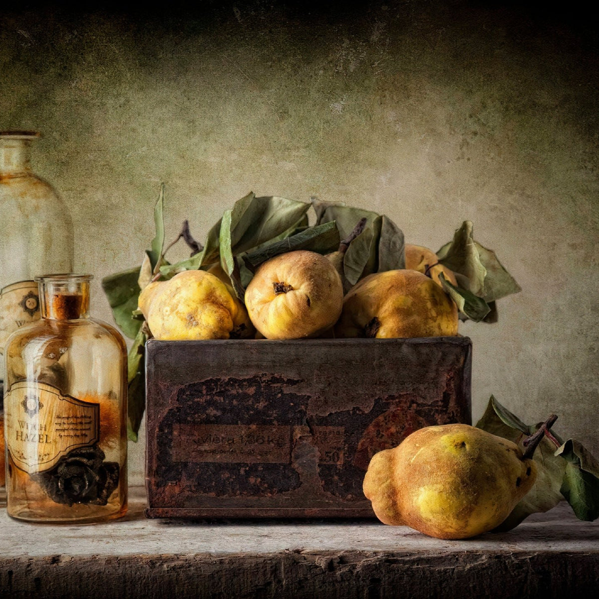 Quinces in Wooden Box with Vintage Bottles - Still Life Oil Painting - Oil Painting Haven