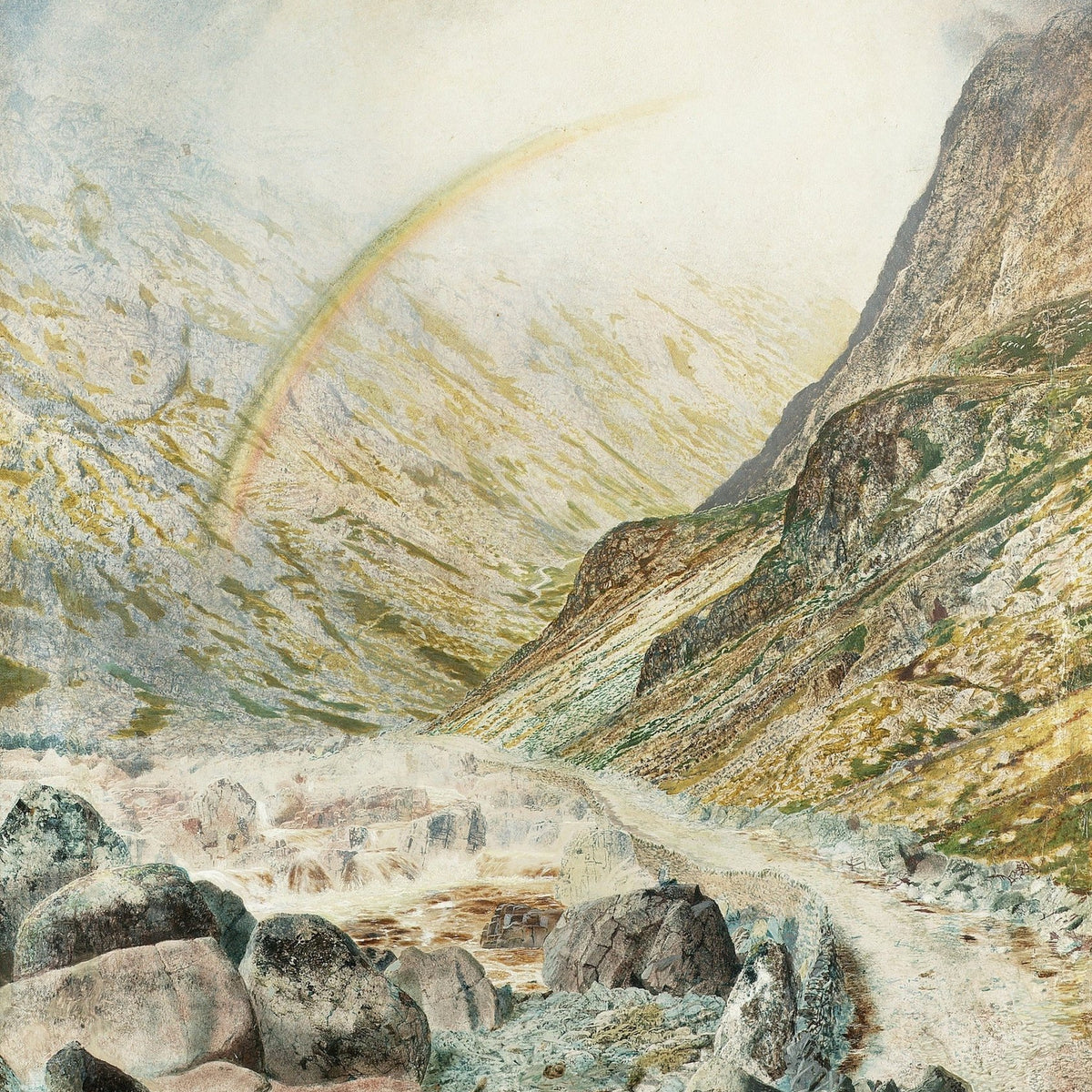 Hand-painted rainbow over mountain pass and river landscape oil painting on canvas